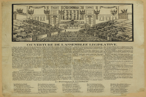 Schwarz-weiß-Illustration eines mit sitzenden Personen gefüllten Gesetzgebungsraums, begleitet von Text aus einer alten Zeitung.