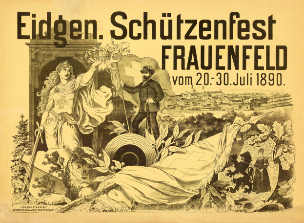 Ein Vintage-Plakat, das das Eidgenössische Schützenfest in Frauenfeld, Deutschland, bewirbt, zeigt einen Mann in einem Anzug und eine Frau in einem Kleid nebeneinanderstehend, mit Text, der Informationen zum Event enthält.