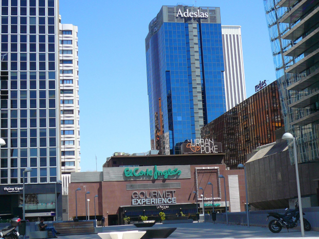 Eine belebte Stadtstra├če mit hohen Wolkenkratzern, geparkten Motorrädern, Menschen auf Bänken, Straßenlaternen, Lichter, Pflanzen, Namensschilder und einen klaren blauen Himmel.