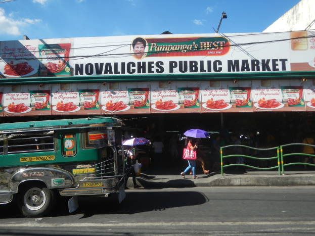 Ein Bus fährt neben einem Gebäude mit der Aufschrift "Novaliches Public Market" vorbei, mit Fußgängern, einige mit Schirmen, auf dem Gehweg; ein Geländer säumt die rechte Seite, und Gebäude, ein Lichtmast, Drähte und Himmel sind im Hintergrund zu sehen.