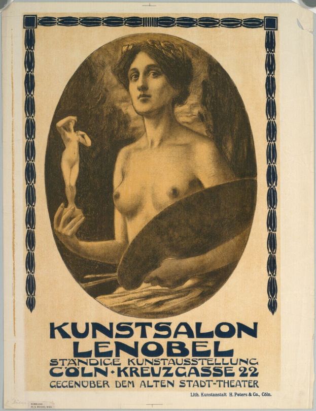 Ein Plakat für den Kunstsalon Lenobel in Berlin, Deutschland, das eine Frau mit einem menschlichen Gesicht und einen Text zeigt, der ein Ereignis beschreibt.