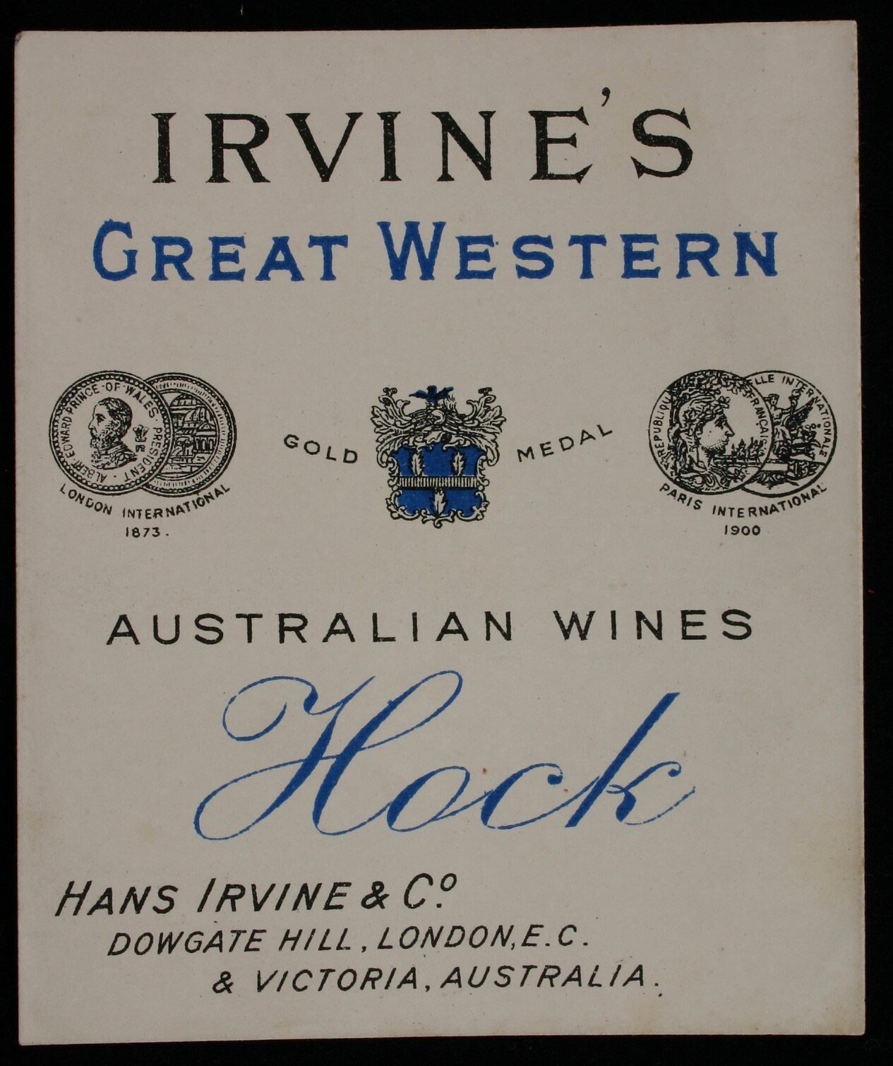 Plakat, das die großartigen westaustralischen Weine von Irvine bewirbt, mit dem Namen des Unternehmens, dem Text "Hock" und Logos.