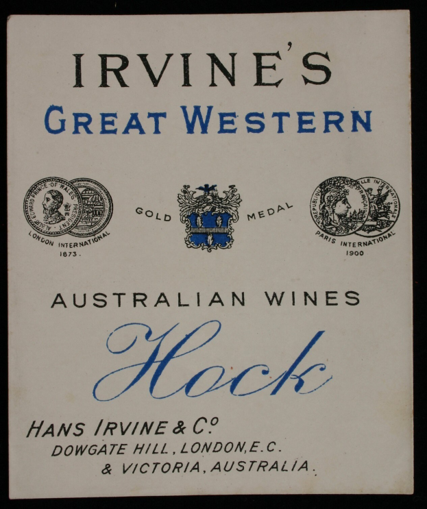 Plakat, das die großartigen westaustralischen Weine von Irvine bewirbt, mit dem Namen des Unternehmens, dem Text "Hock" und Logos.