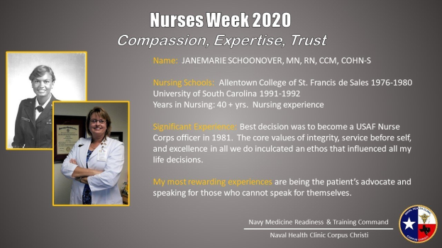 Plakat für die Nurses Week 2020 mit zwei Fotos von Krankenschwestern links und dem Text "Mitgefühl, Expertise, Vertrauen" rechts sowie einem Logo unten rechts.