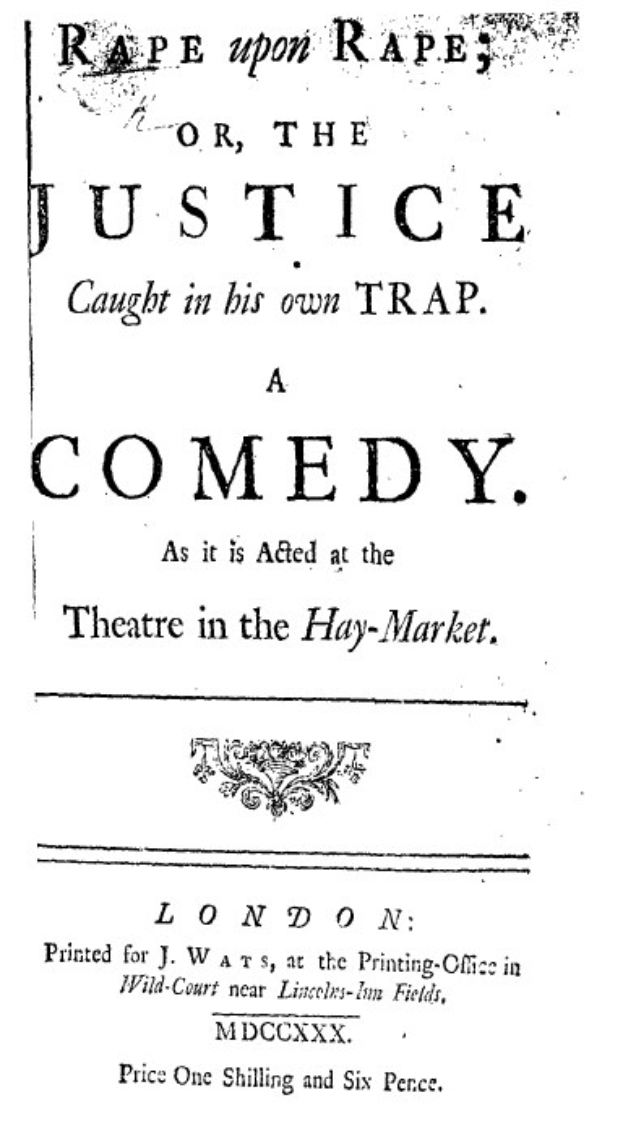 Ein Schwarz-Weiß-Plakat mit fetter, schwarzer Schrift, auf dem "Vergewaltigung auf Vergewaltigung oder die Gerechtigkeit, die in ihrer eigenen Falle gefangen ist", wahrscheinlich die Ankündigung einer Comedy-Show.