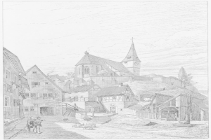 Eine Schwarz-Weiß-Zeichnung einer Straßenszene in Heidelberg, Deutschland, mit der Kirche der Heiligen Dreifaltigkeit im Hintergrund, umgeben von Gebäuden, Menschen, Tieren, Bäumen und einem Himmel, mit Text unten, der besagt "Die Kirche der Heiligen Dreifaltigkeit im alten Stadtkern von Heidelberg, Deutschland."