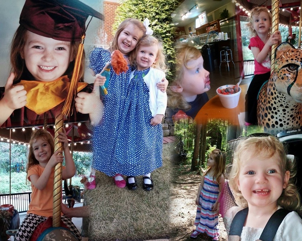 Collage mit lustigen Fahrgeschäften, Kindern, einem Tisch mit Speisen, Besteck, Lichtern, Grünpflanzen, einem Seil und einem Hut.