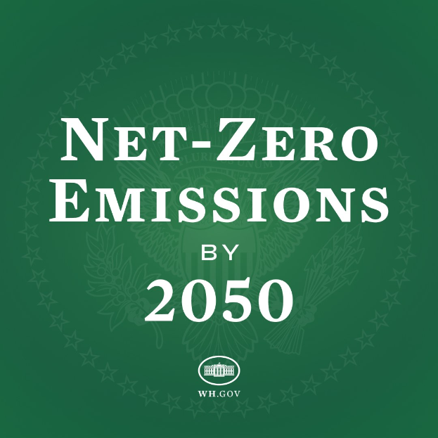 Weißer Text auf grünem Hintergrund liest "net-zero emissions by 2050" in Fettschrift.