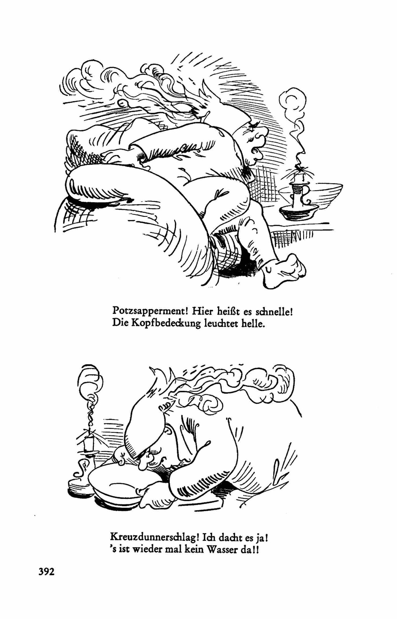 Cartoon eines Mannes in einem blauen Hemd, der neben einer Frau auf einem Bett liegt, mit Text und Zahlen drumherum, betitelt mit 'Der Mann, der lacht.'