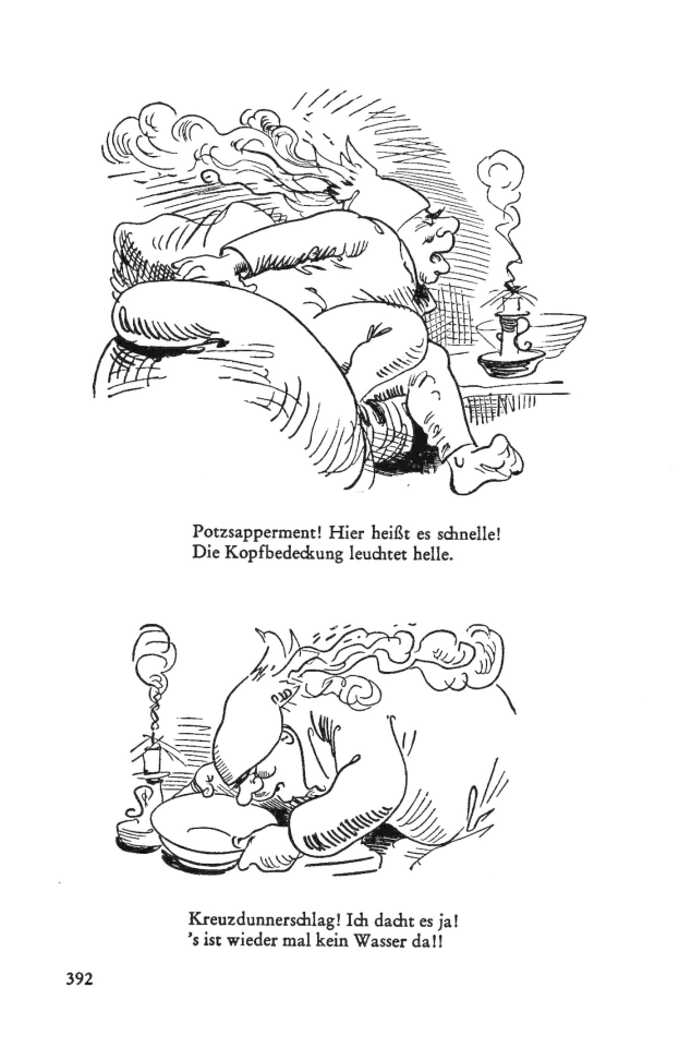 Cartoon eines Mannes in einem blauen Hemd, der neben einer Frau auf einem Bett liegt, mit Text und Zahlen drumherum, betitelt mit 'Der Mann, der lacht.'