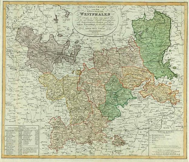 Ein altes Deutschland-Karte mit Westfalen im Fokus, gerahmt und mit beschreibendem Text.