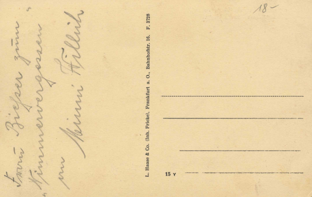 Eine alte Postkarte mit einer handgeschriebenen Nachricht, die lautet "L. Hase & Co. inh Frische, Bahnhofstr 16, F 3728".