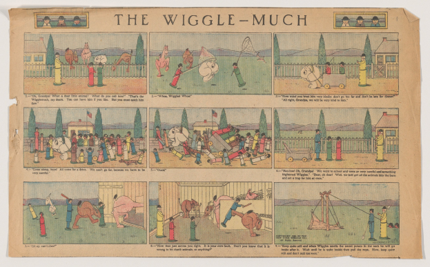 Ein buntes, verspieltes Comic-Strip namens "wiggle-much" mit illustrierten Menschen, Tieren und Gegenständen in fetter Schrift auf Papier.