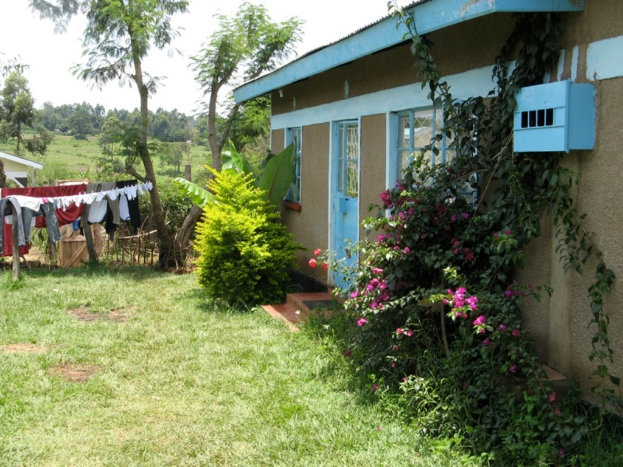 Ein Haus mit einer Tür, Fenstern und einer Fußmatte, umgeben von Bäumen, Gras und einer Blume mit Blumen, mit Wäsche auf einer Leine in der Nähe.