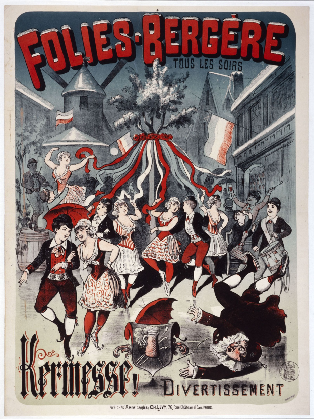 Plakat für das Folies-Bergère-Festival in Paris mit einer Gruppe von tanzenden Menschen vor Gebäuden, Fahnen und einem Baum im Hintergrund, mit französischer Schrift oben und unten.