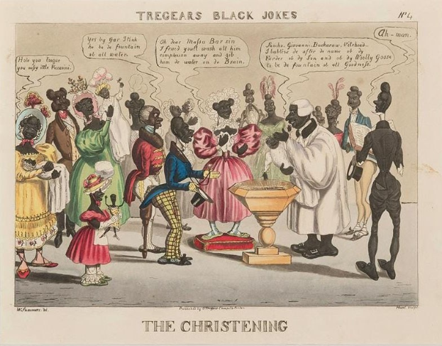 Eine handgezeichnete Abbildung von Menschen, die um einen geschmückten Tisch unter einem blauen Himmel versammelt sind, beschriftet mit "Tregears Black Jokes - Die Taufe", mit einigen, die fröhlich und lachend sind.