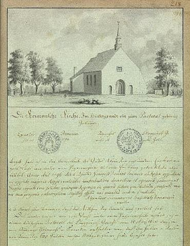 Ein historisches Dokument mit dem Titel "St. Erasmus-Kirche", unterzeichnet von der deutschen Regierung, mit einer Zeichnung einer Kirche umgeben von Bäumen und Himmel.