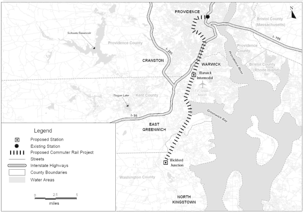 Schwarze und weiße Stadtkarte mit einem Fluss, beschriftet mit "Vorgeschlagenes S-Bahn-Projekt" auf der linken Seite, die Straßen, Autobahnen und andere Merkmale zeigt.