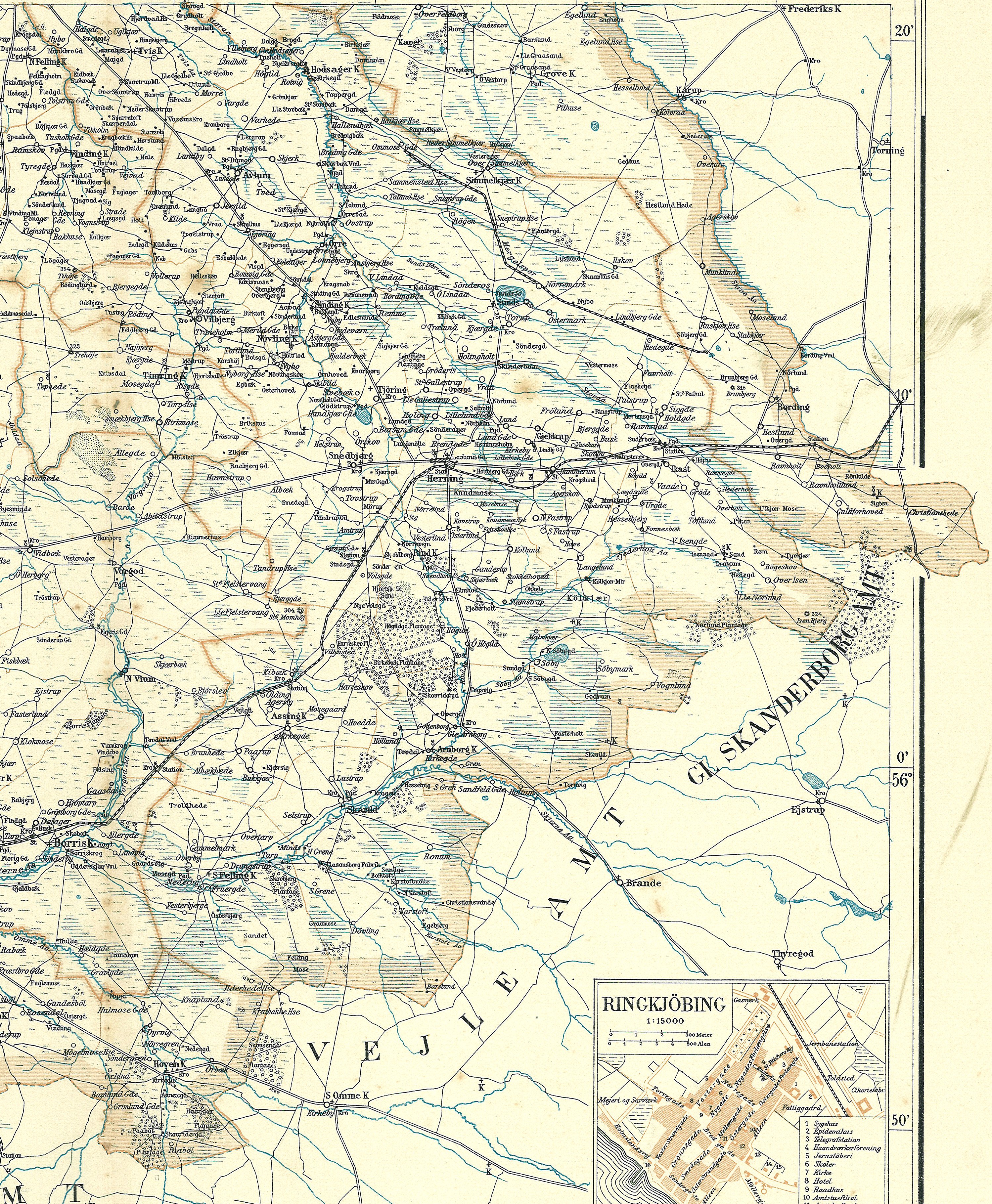 Eine alte Karte von Rinkjöbing, Deutschland, die Straßen, Autobahnen und andere Merkmale mit Text und Zahlen zeigt, auf Papier gedruckt.