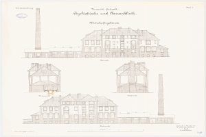 Eine Zeichnung eines Gebäudes mit vielen Fenstern und einem Schornstein, das für ein Psychiatrie-Krankenhaus in Deutschland gehalten wird, mit Text auf dem Papier.