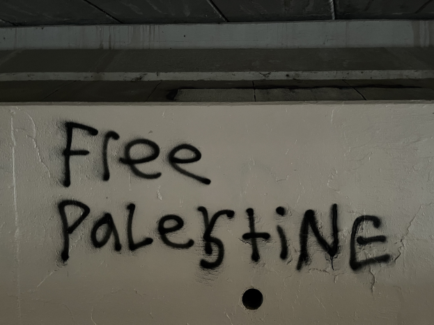 Eine Wand mit den Worten "free palestine" in schwarzer Graffiti-Schrift, beleuchtet von einem Licht oben.