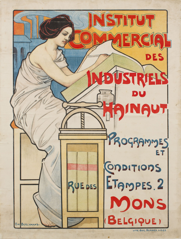 Ein Plakat für das Institut Commercial des Industriels du Hainaut, das eine Frau zeigt, die an einem Tisch sitzt und ein Buch hält, mit Text, der Informationen über das Institut bereitstellt.