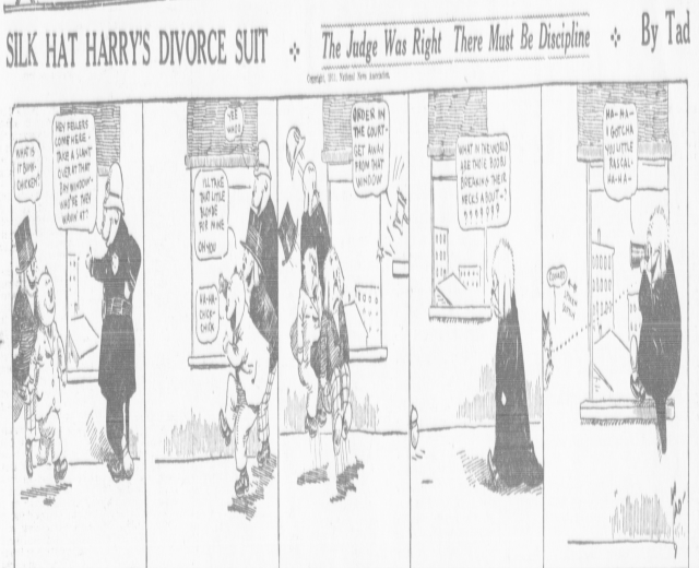 Cartoon-Illustration eines Mannes in einem schwarzen Anzug mit weißem Hemd und schwarzer Krawatte und einer Frau in einem eleganten Kleid mit schwarzem Schal, beide mit ernsten Gesichtern, beschriftet mit "Scheidungsklage".