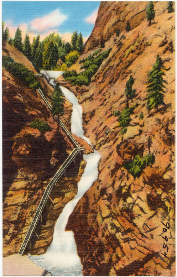 Eine animierte Szene mit Bäumen, einem Hügel, einer Treppe und einem Wasserfall.