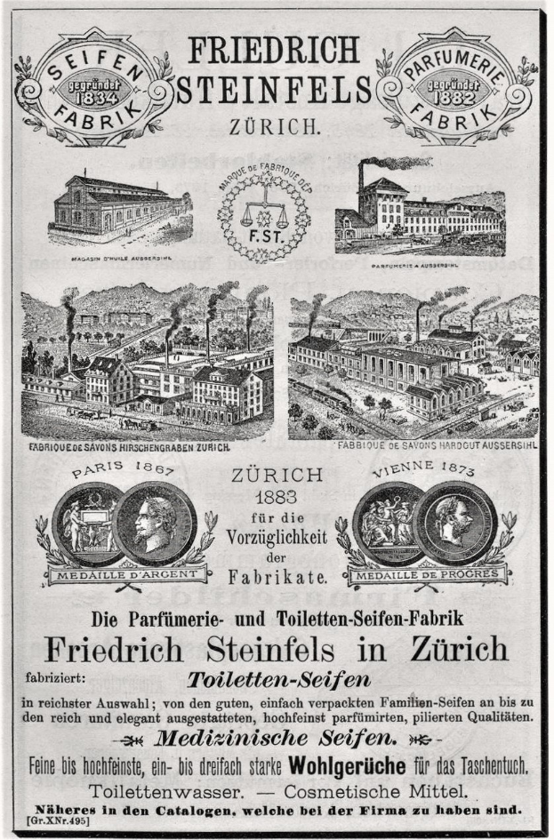 Schwarze und weiße Werbung für Friedrich Steinfels in Zürich, zeigt Bilder von Gebäuden, Menschen und Text.