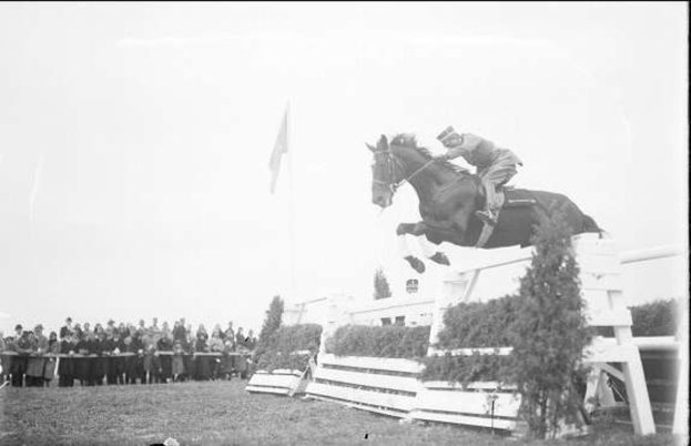 Schwarz-weiß-Foto eines Pferdes und seines Reiters, die über ein Hindernis springen, bei den Royal Ascot Horse Trials 1953, mit Zuschauern und einer Flagge im Hintergrund.