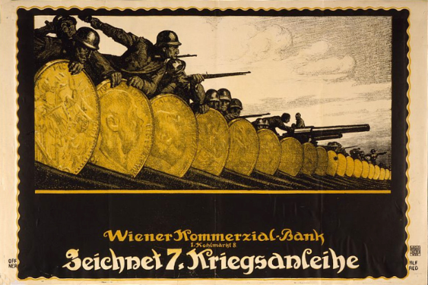 Eine Gruppe von Helmi tragenden Individuen mit Waffen, mit 'Wiener Kommmerzial Bank' Text unten, auf einem deutschen Weltkriegspropagandaplakat der deutschen Armee.