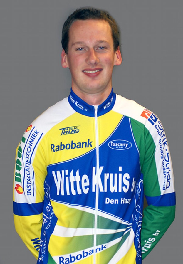 Ein männlicher Sportler posiert für ein Foto und trägt ein Hemd mit mehreren Sponsorenlogos.