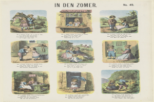 Ein buntes Kinderbild von spielenden Kindern in einem grünen Garten mit Text in einer kindlichen Schriftart.