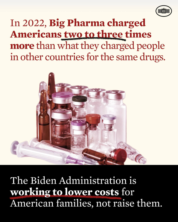 Ein Plakat mit der Aufschrift "Big Pharma hat Amerikanerinnen und Amerikanern 2022 zwei bis drei Mal so viel für dieselben Medikamente berechnet wie in anderen Ländern" unten, mit ein paar Flaschen und einer Spritze daneben.