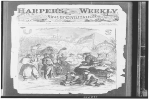 Schwarzes und weißes Bild von Menschen, die um eine Zeitung namens 'Harper's Weekly Journal of Civilization' versammelt sind