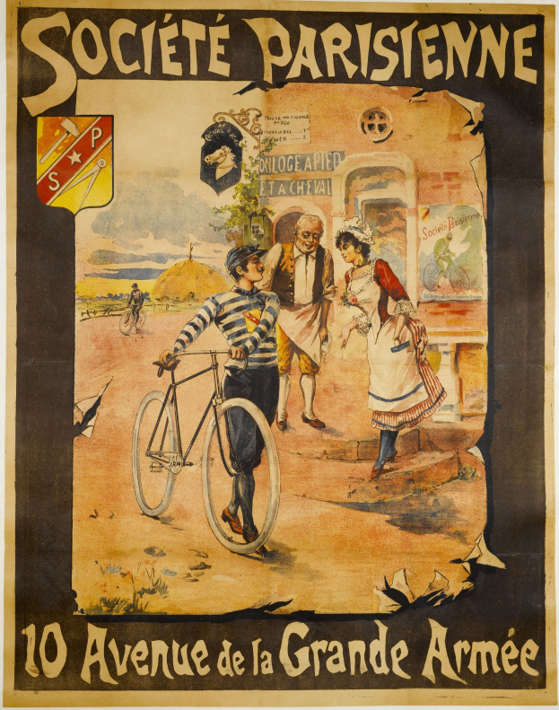 Plakatankündigung eines Fahrradrennens in Paris, Frankreich, das eine Gruppe von Menschen zeigt, von denen einer ein Fahrrad hält und ein Gebäude im Hintergrund zu sehen ist, einschließlich Text über das Ereignis.