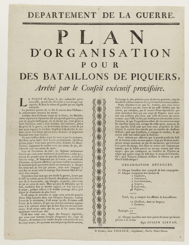 Papier mit französischer Text 'Plan d'Organisation pour des Batailons de Piquiers, Arreté par le Conféil Executif Provifoire', das einen Plan zur Organisation der Schlacht von Piquier beschreibt.