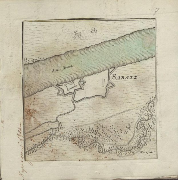 Ein altes Buch mit einer detaillierten Karte von Sabatz, Deutschland, mit Straßen, Gebäuden und Sehenswürdigkeiten, begleitet von Texten über die Bevölkerung, Geschichte und Kultur der Stadt.