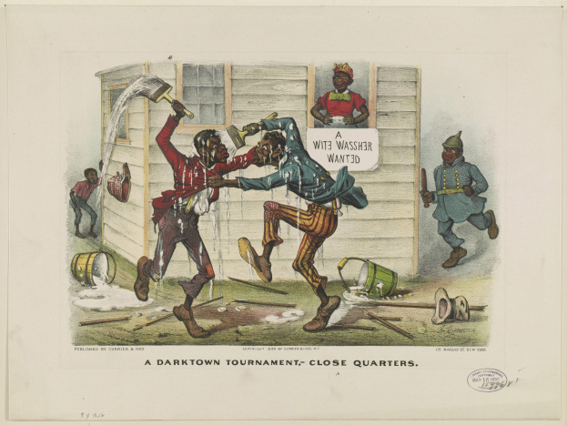 Ein Plakat für ein Darktown-Turnier, das Menschen zeigt, die Gegenstände halten, während Eimer und Holzstöcke auf dem Boden verstreut sind, begleitet von Text.