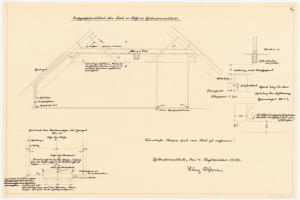 Schwarze und weiße architektonische Zeichnung eines Hauses mit einem Dach, einschließlich detaillierter Grundrisse und Textanmerkungen auf altem Papier.