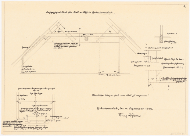 Schwarze und weiße architektonische Zeichnung eines Hauses mit einem Dach, einschließlich detaillierter Grundrisse und Textanmerkungen auf altem Papier.