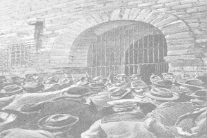 Schwarze und weiße Zeichnung einer Menge, die vor einer Backsteinwand mit einem Fenster und Gittern steht, mit Text unten, der lautet: "Victor Hugo Münsters Hinrichtung im Gefängnis 1892".