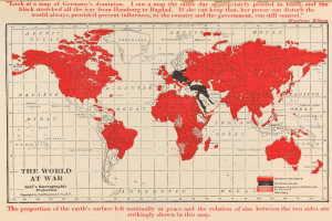 Ein Plakat mit einer Weltkarte in Rot und Schwarz mit der fetten Schrift 'Die Welt im Krieg' oben, das die globale Ausdehnung des Krieges veranschaulicht.