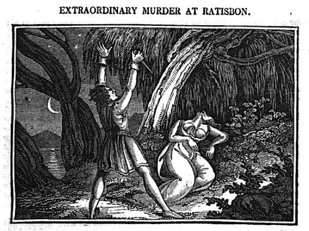 Schwarz-weiß-Illustration eines Mannes und einer Frau in einem Wald mit Bäumen im Hintergrund, betitelt "Außergewöhnlicher Mord in Ratison" oben und unten.
