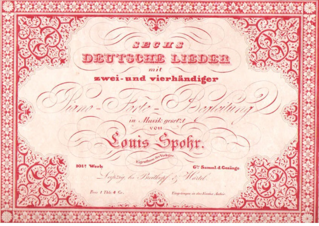 Altes deutsches Aktienzertifikat mit der Aufschrift 'Louis Spohr - Zweites Deutsches Lieder' und einem roten Rand und weißem Hintergrund.