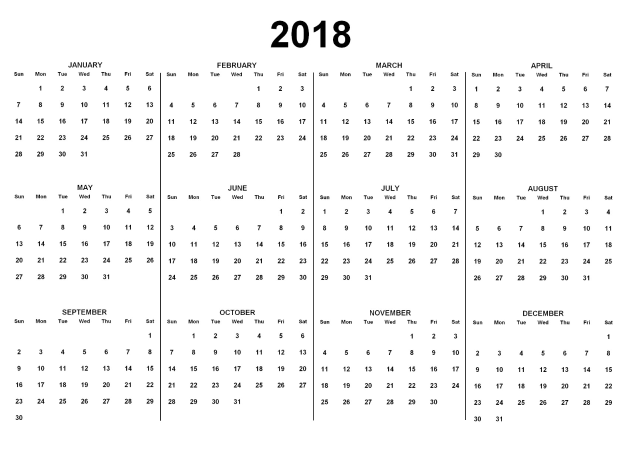 Schwarzer und weißer 2018 Kalender mit U.S.-Feiertagen in fetter schwarzer Schrift auf einem weißen Hintergrund, mit Tagen in wöchentlichen Zeilen organisiert.