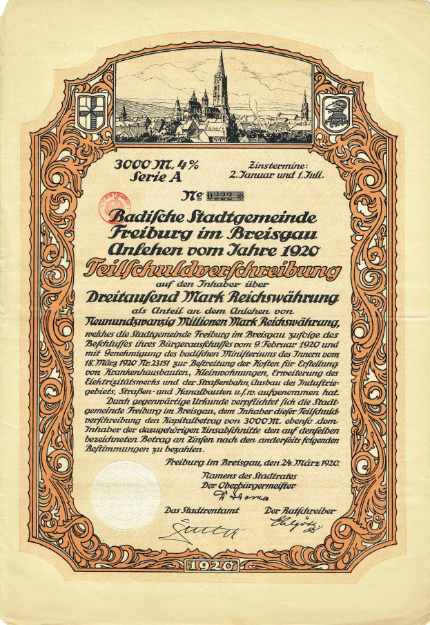 Altes deutsches Aktienzertifikat mit einer Stadtansicht und bedrucktem Text, der Aktien Details angibt.