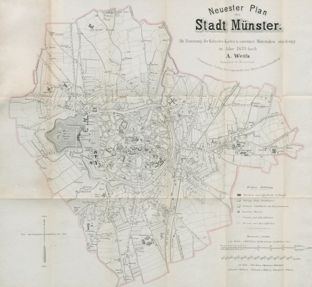 Ein detaillierter Stadtplan von Münster, Deutschland aus dem Jahr 1873 mit Text und umfassender Gebietsübersicht.