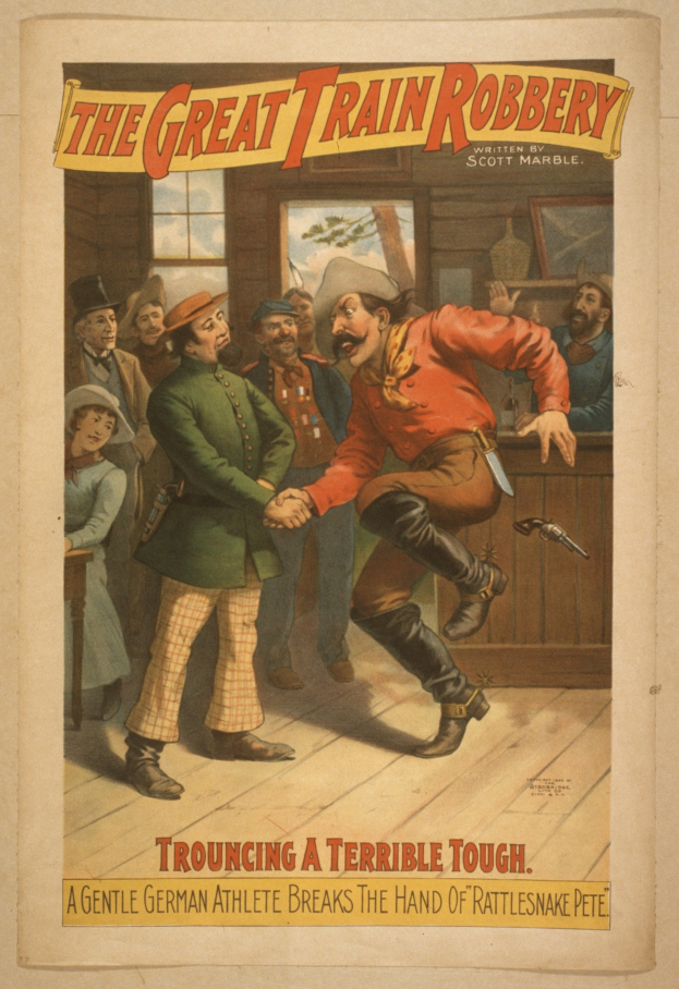 Plakat, das eine Gruppe von Menschen zeigt, von denen einer eine Waffe hält, ein Fenster im Hintergrund und den Text "Der große Zugüberfall - Trouching a Terrible Tough" oben und unten.