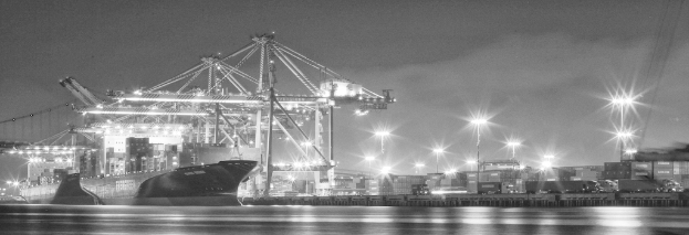 Ein Schiffbauwerk mit Metallkonstruktionen, Laternen, Containern und Schiffen.